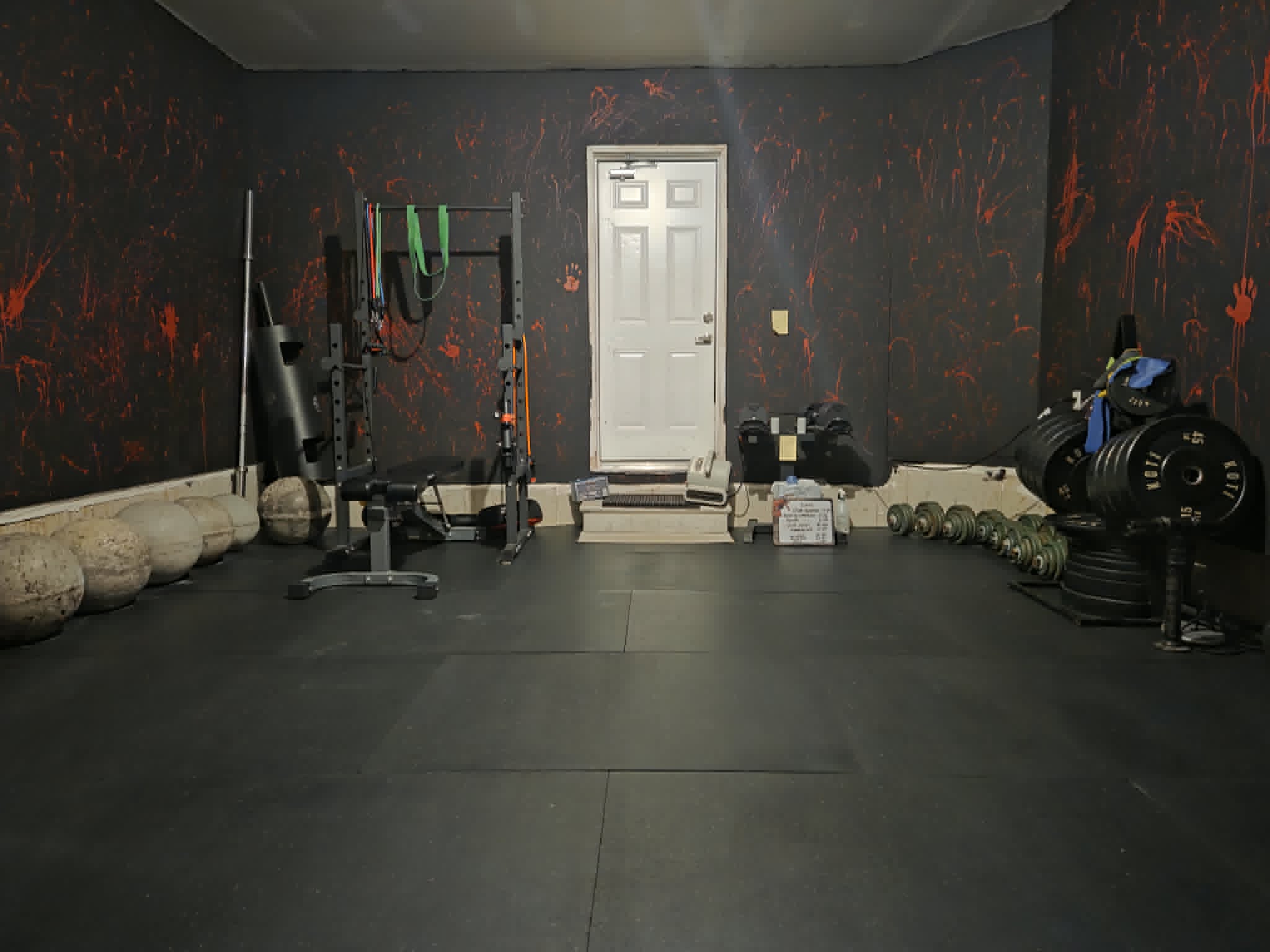 The full private training floor at SWALLFitness in Caledonia, with squat rack, bench, atlas stones and bumper plates